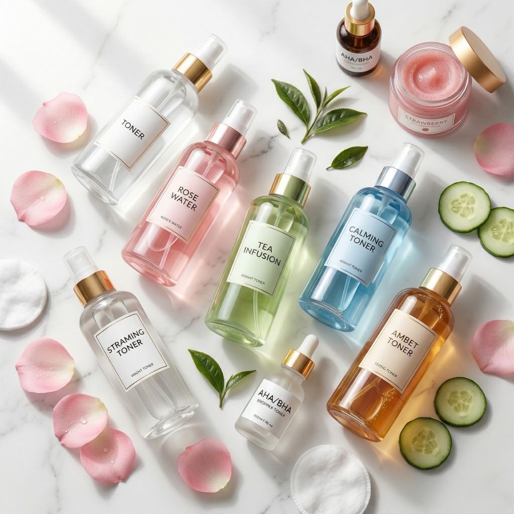 Tipos tónicos faciales variedad botellas vidrio elegantes diferentes líquidos coloreados transparente rosa verde azul sobre mármol blanco pétalos rosa hojas té verde pepino discos algodón luz natural - guía completa skincare