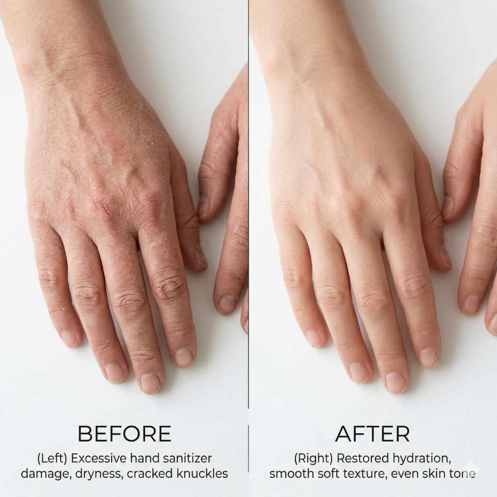 Before after comparativa manos dañadas gel hidroalcohólico versus manos reparadas - lado izquierdo muestra manos secas agrietadas textura áspera rojeces nudillos dañados descamación visible uso excesivo alcohol años pandemia, lado derecho mismas manos completamente sanadas textura suave hidratadas tono uniforme saludables después rutina reparación completa - transformación cuidado manos profesional
