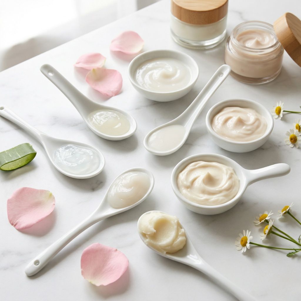 Tipos cremas faciales diferentes texturas cucharitas blancas porcelana mármol blanco mostrando gel transparente gel-crema emulsión crema media crema rica bálsamo denso progresión ligera a densa pétalos rosa hoja aloe fondo - guía educativa skincare