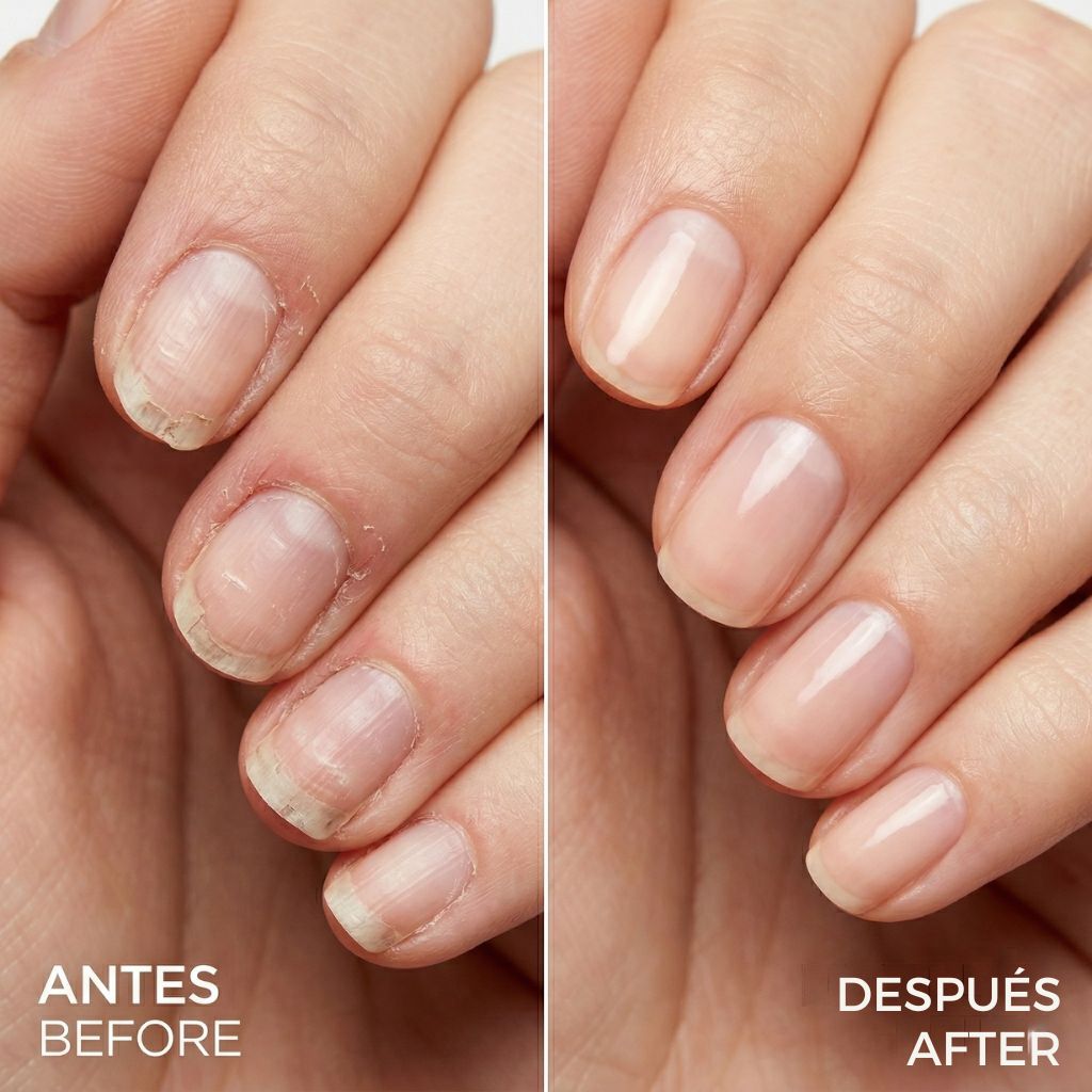 Before after comparativa uñas dañadas débiles quebradizas versus uñas saludables fuertes - lado izquierdo muestra uñas con crestas descamación roturas cutículas secas, lado derecho mismas uñas completamente recuperadas lisas brillantes fuertes - transformación cuidado profesional