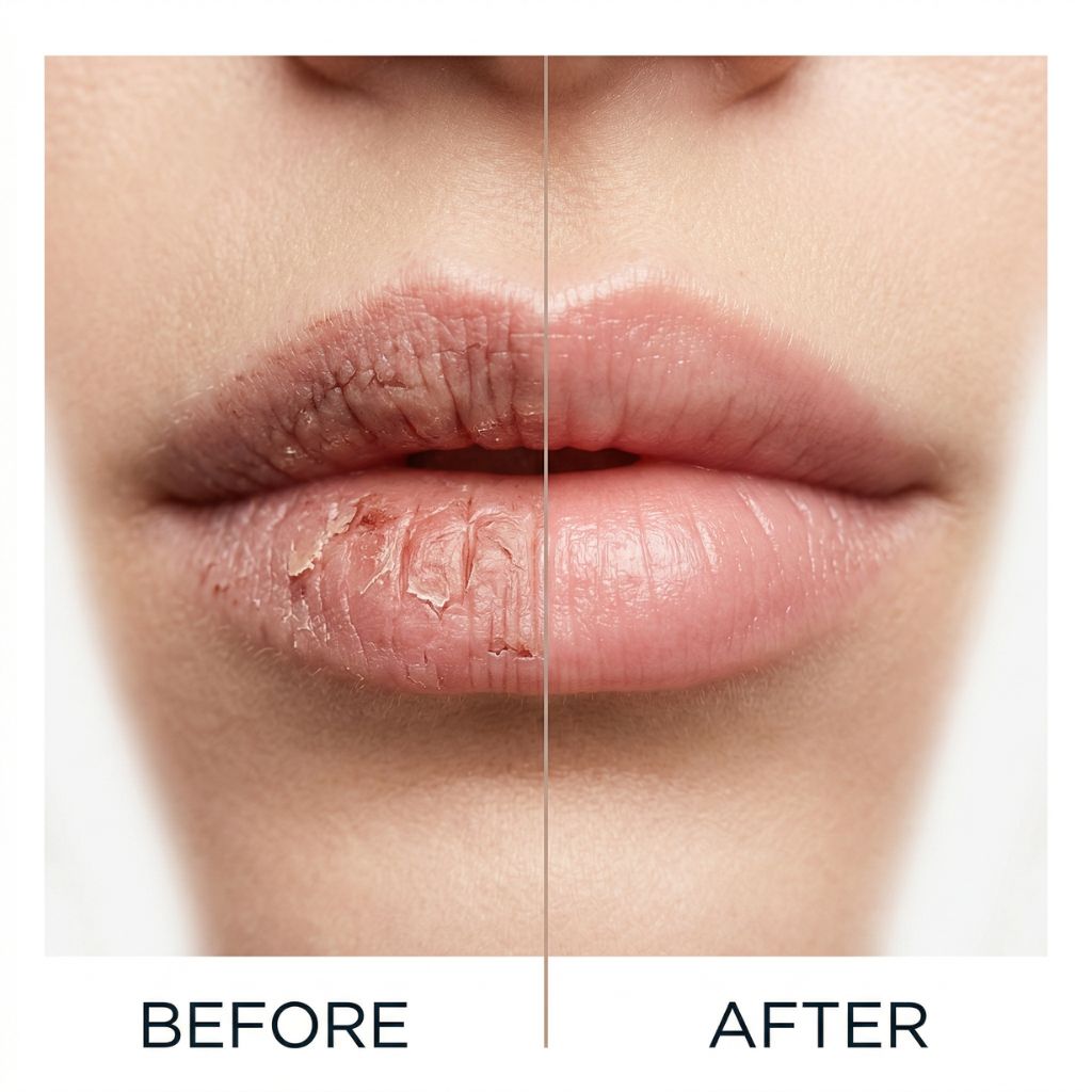 Before after comparativa labios agrietados invierno versus labios reparados - lado izquierdo muestra labios severamente agrietados grietas profundas descamación piel seca textura áspera daño frío invernal, lado derecho mismos labios completamente sanados textura suave hidratados rosados saludables después tratamiento reparación - transformación cuidado labial profesional invierno