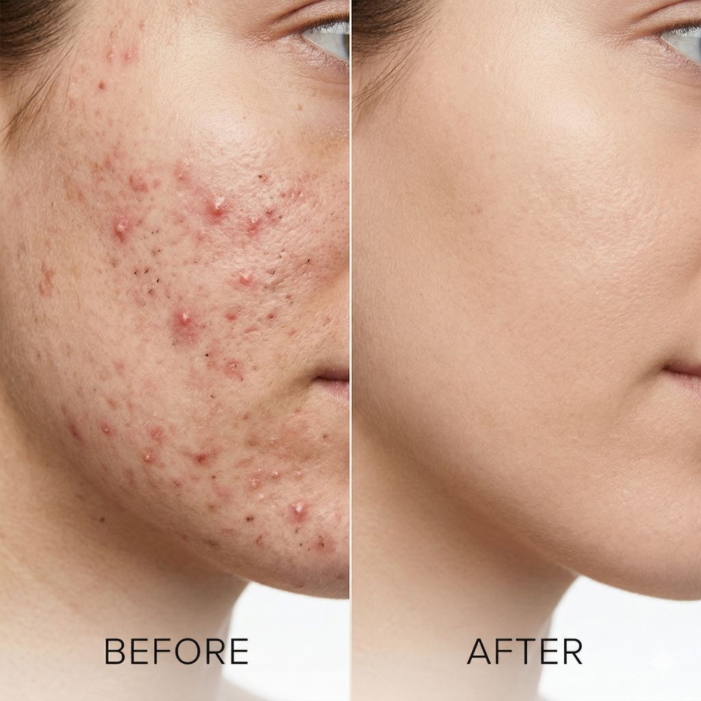 Before after comparativa piel con acné activo múltiples lesiones inflamadas versus piel clara post-tratamiento - lado izquierdo muestra pápulas pústulas comedones rojez textura irregular, lado derecho misma piel 90% clara lisa tono uniforme mínimas imperfecciones - transformación tratamiento científico acné
