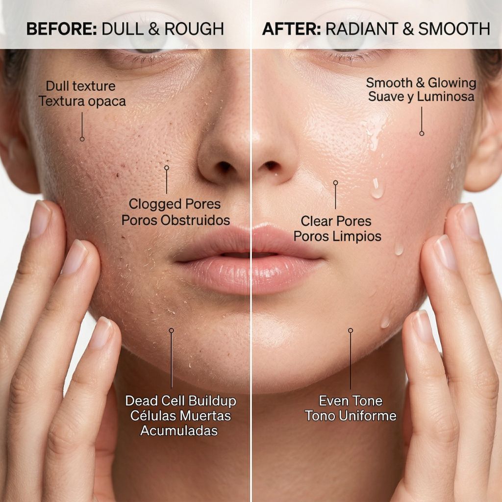 Before after comparativa piel opaca sin exfoliar versus piel radiante post-exfoliación - lado izquierdo muestra textura áspera rugosa células muertas acumuladas poros obstruidos tono apagado gris, lado derecho misma piel completamente lisa luminosa brillante textura refinada poros limpios tono uniforme rosado saludable - transformación exfoliación regular