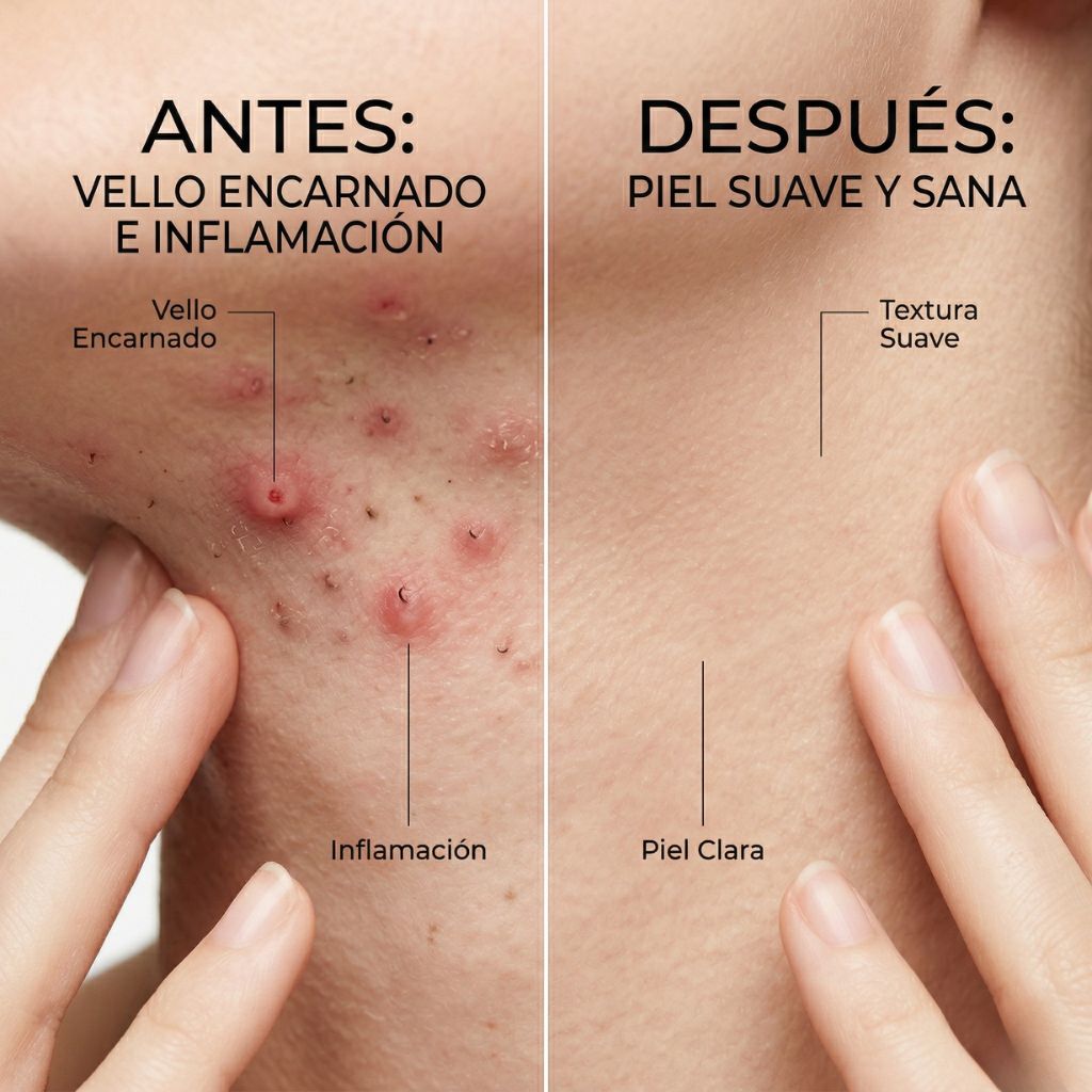Before after comparativa piel con pelos enquistados múltiples bultos rojos inflamados versus piel lisa suave sin inflamación - lado izquierdo muestra 3-5 protuberancias rojas pelos visibles atrapados bajo superficie textura irregular, lado derecho misma zona piel completamente lisa sin bultos color uniforme saludable - transformación prevención tratamiento correcto