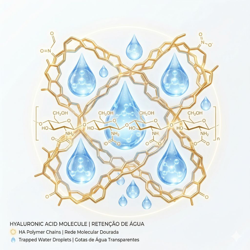 Ilustración científica molécula ácido hialurónico red dorada reteniendo múltiples gotas agua azules cristalinas - visualización capacidad retención agua 1000x peso molecular - concepto hidratación profunda piel