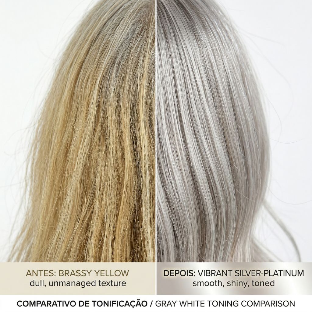Before after comparativa cabello gris blanco amarillo tono cálido versus plateado matizado - lado izquierdo cabello opaco amarillento brassy, lado derecho mismo cabello brillante plateado frío neutro post champú violeta matizador
