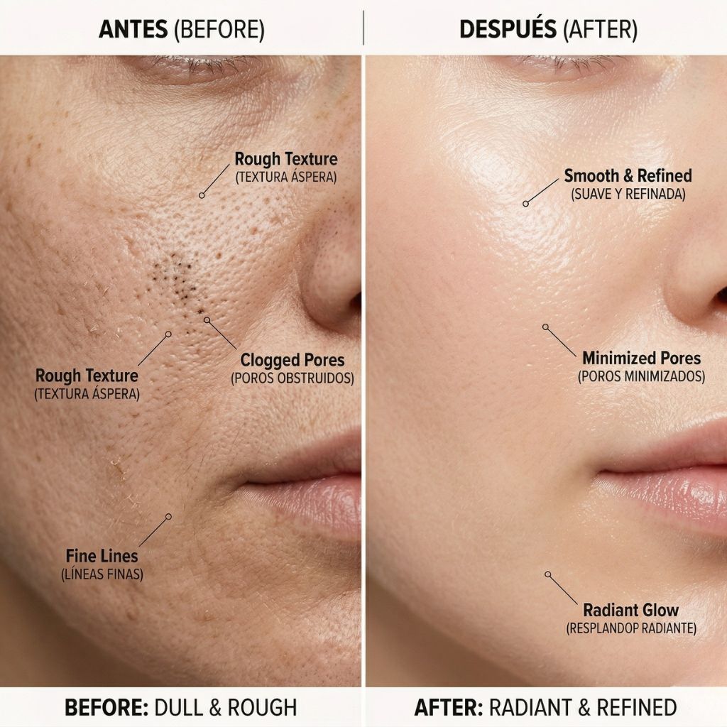 Before after comparativa textura piel facial - izquierda piel opaca áspera poros dilatados puntos negros, derecha misma piel suave refinada luminosa poros minimizados post peeling facial químico