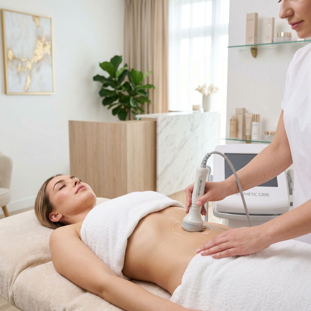 Tratamiento de cavitación ultrasónica aplicado sobre abdomen femenino en centro de estética profesional