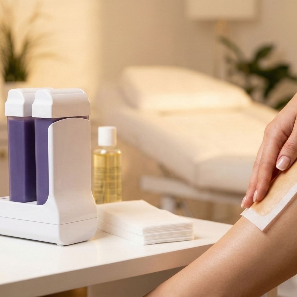 Mujer usando calentador de cera roll-on para depilación profesional en casa