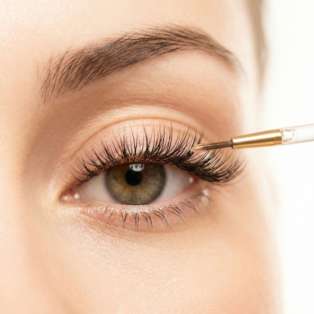 Sérum potenciador aplicado en la raíz de pestañas largas y naturales para estimular su crecimiento
