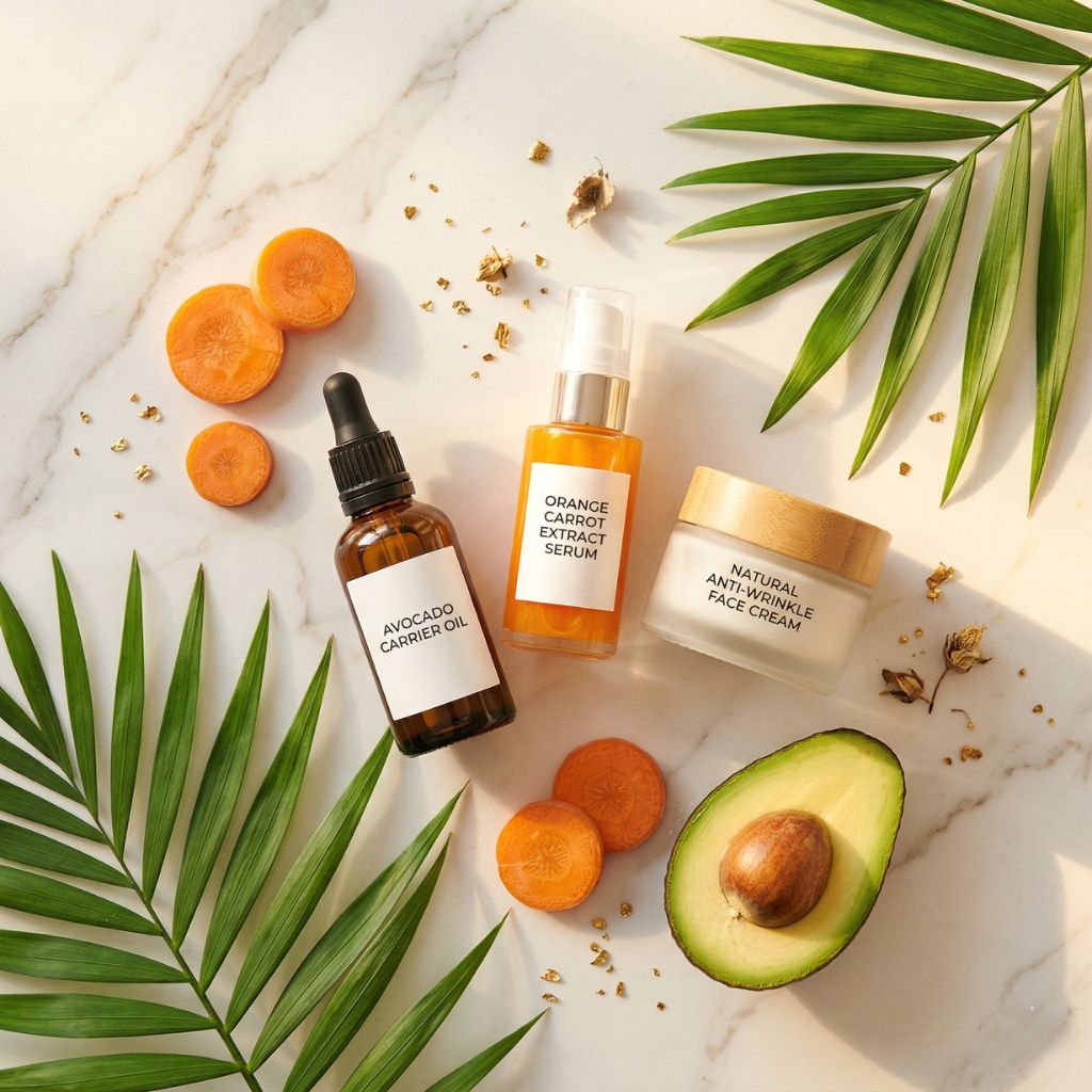 Productos naturales para proteger la piel del sol: aceite de aguacate, extracto de zanahoria y crema antiarrugas Koken sobre mármol blanco