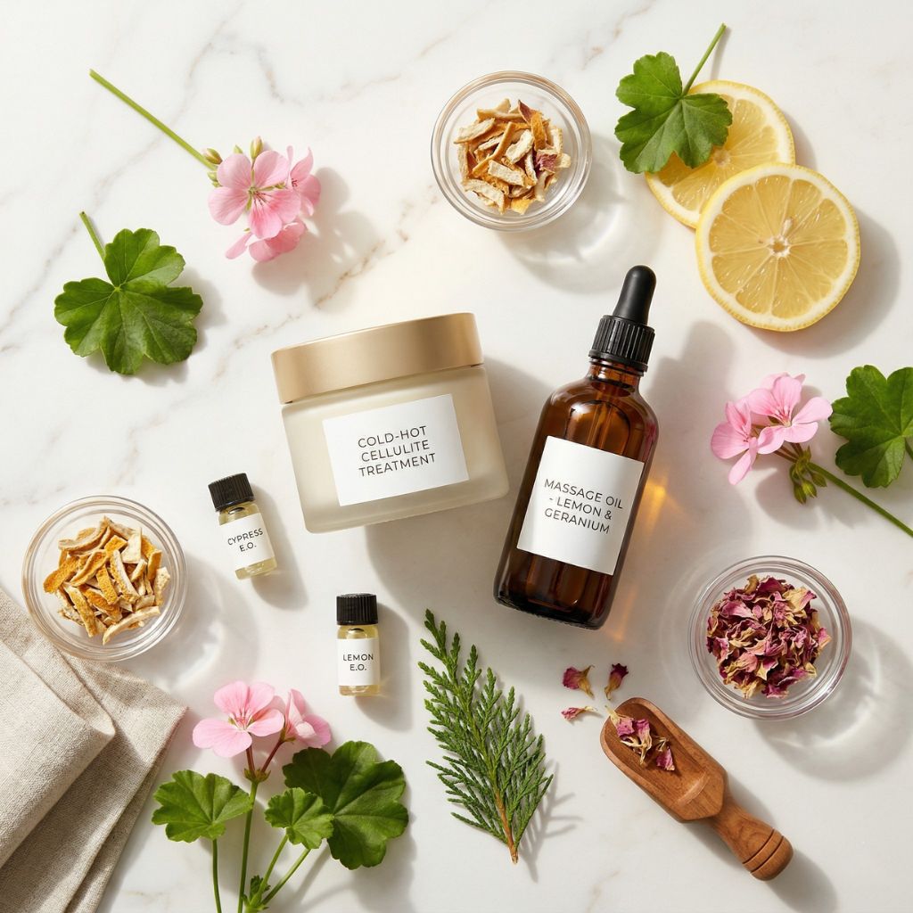 Productos anticelulíticos naturales Koken: crema efecto frío-calor, aceite de masaje con limón y geranio y aceites esenciales para reducir la celulitis antes del verano