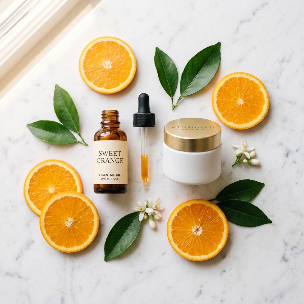 Aceite esencial de naranja dulce Sweet Orange con crema facial y rodajas de naranja fresca sobre mármol blanco