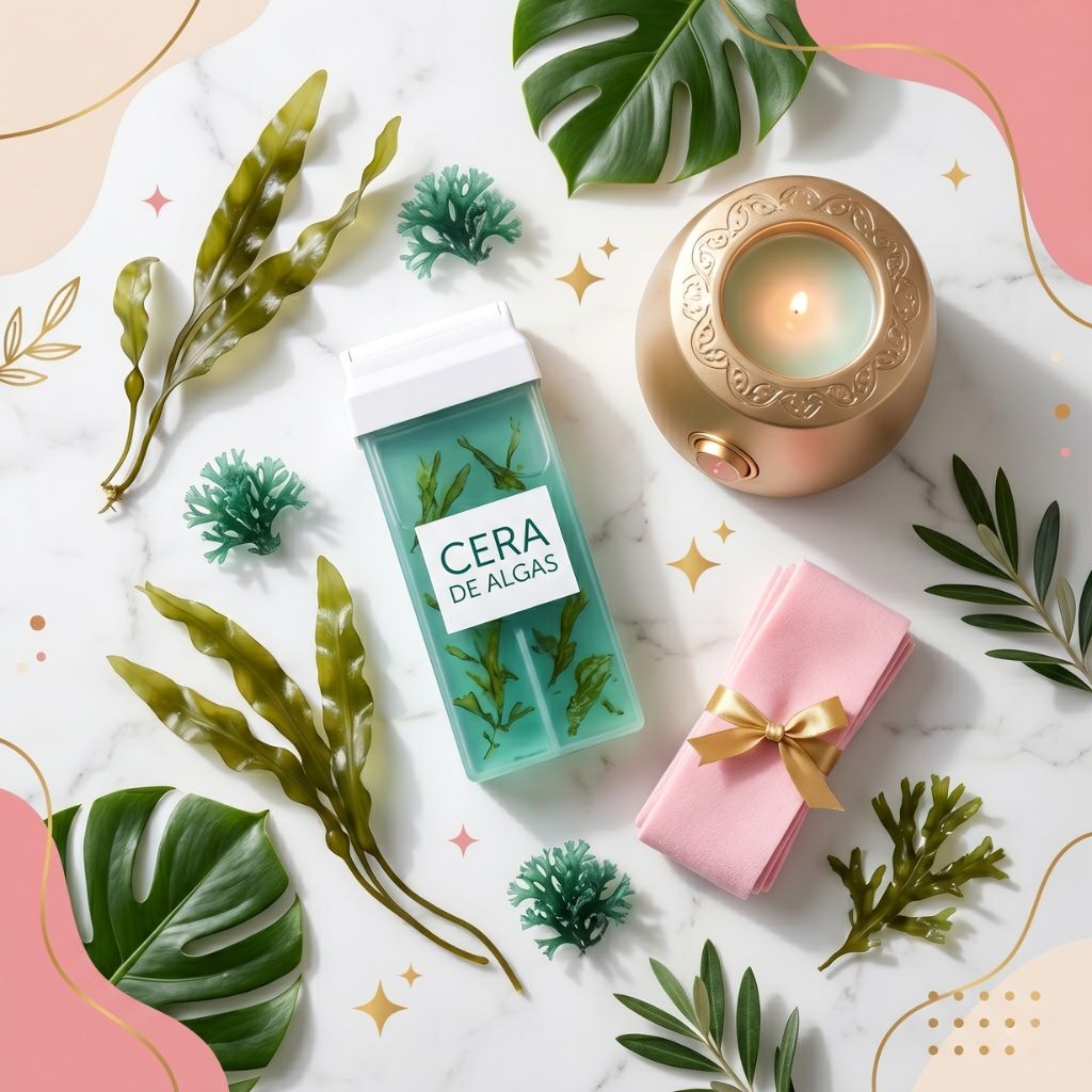 Cartucho roll-on de cera depilatoria de algas verde translúcida junto a calentador dorado, bandas depilatorias rosas y algas marinas sobre mármol blanco