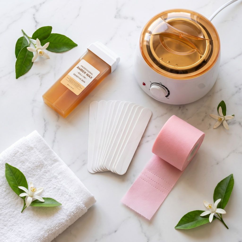 Kit completo de cera tibia roll-on para depilación profesional con cartucho amber wax, calentador, espátulas, bandas rosas y toalla blanca sobre mármol