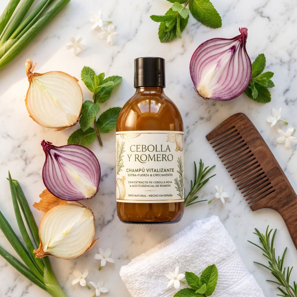 Champú vitalizante de cebolla y romero extra-fuerza para el crecimiento del cabello con cebollas rojas y doradas frescas, peine de madera y toalla blanca sobre mármol