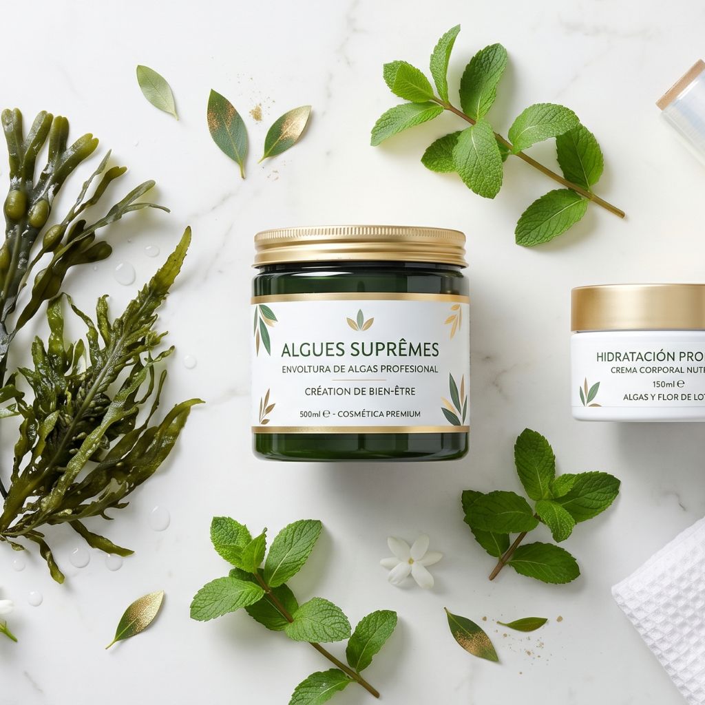 Kit de envoltura corporal de algas profesional con bote Algues Suprêmes 500ml, crema hidratante profunda con algas y flor de loto, rollo de film y algas marinas frescas sobre mármol blanco