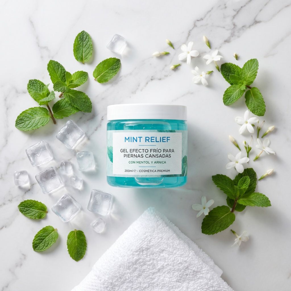 Gel efecto frío Mint Relief con mentol y árnica para piernas cansadas, rodeado de hojas de menta fresca, cubitos de hielo y flores blancas sobre mármol blanco
