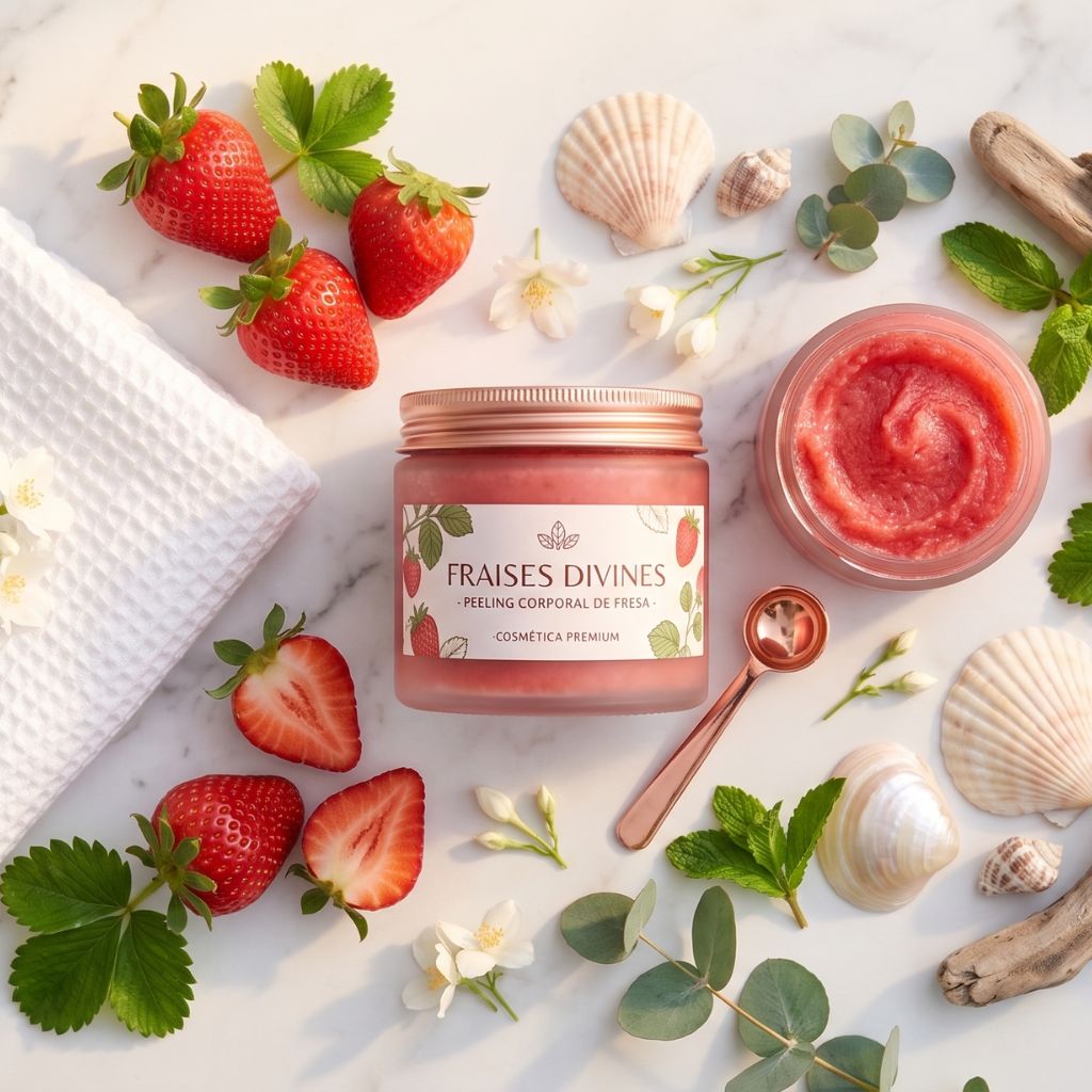 Peeling corporal de fresa Fraises Divines cosmética premium con fresas frescas, conchas de playa, hojas de menta, flores blancas y toalla sobre mármol blanco