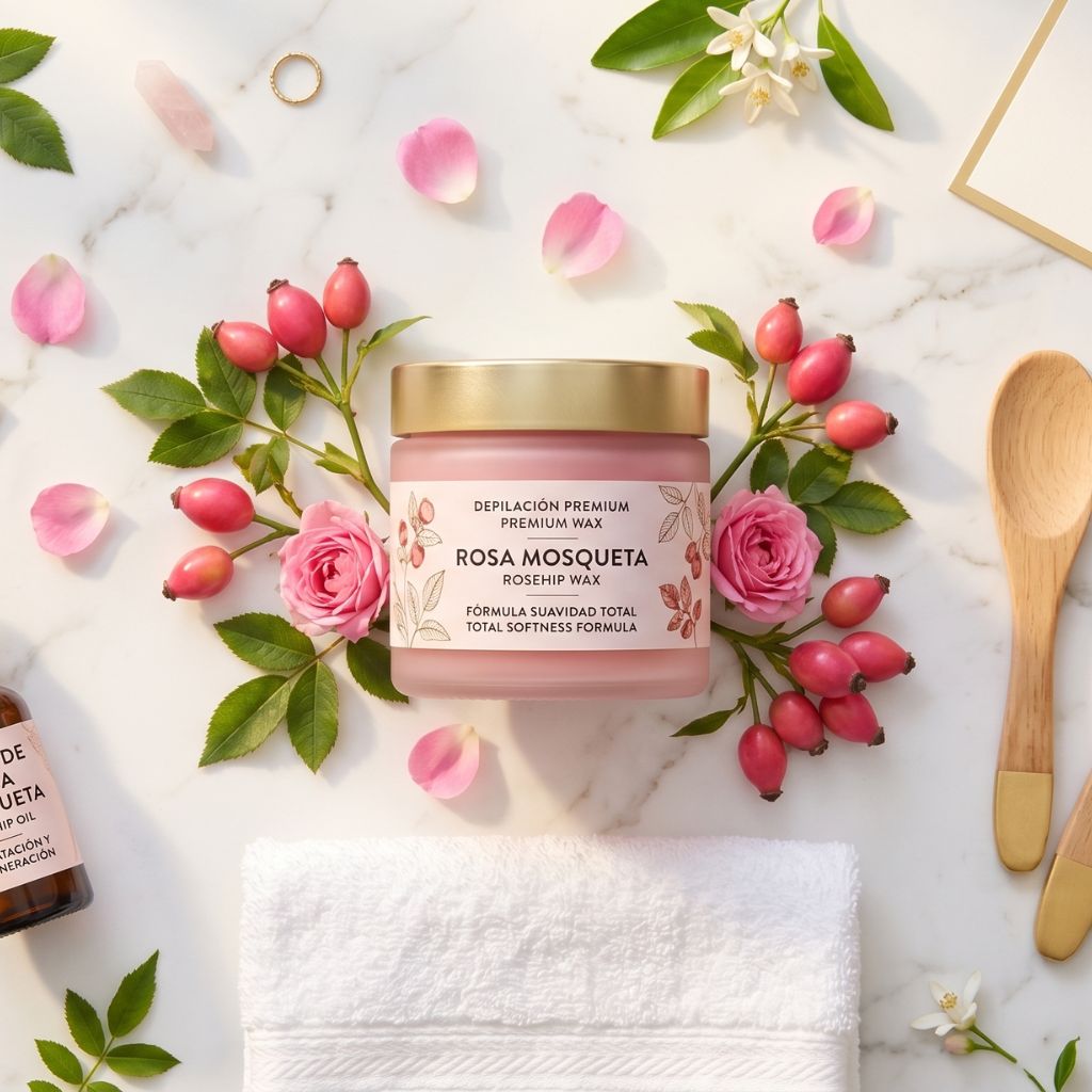 Kit de depilación con cera rosa mosqueta Premium Wax y aceite de rosa mosqueta para hidratación y regeneración, con espátulas de madera, pétalos rosas, frutos de rosa mosqueta y toalla blanca sobre mármol