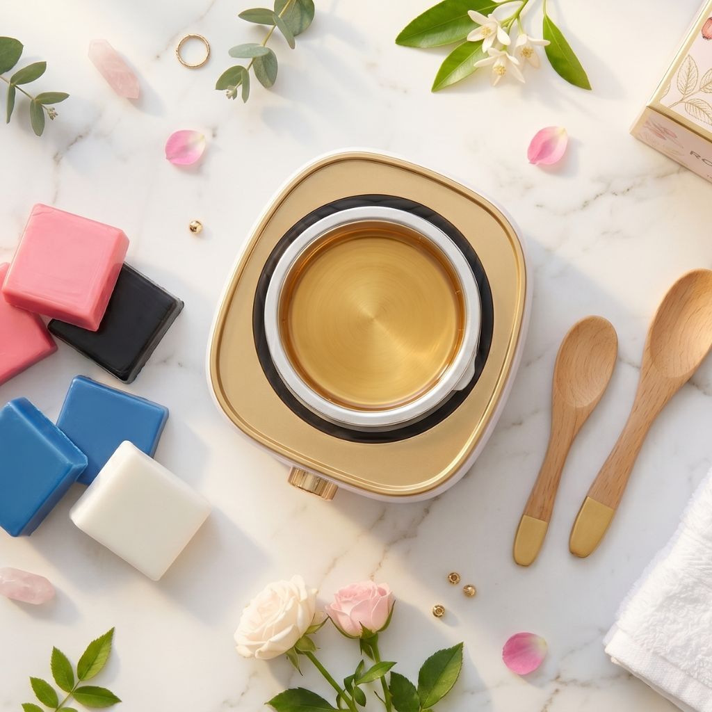 Kit de cera sólida depilatoria profesional con pastillas en cuatro colores rosa negra azul y blanca, fundidor dorado, espátulas de madera, caja de cera rosa mosqueta y toalla blanca sobre mármol