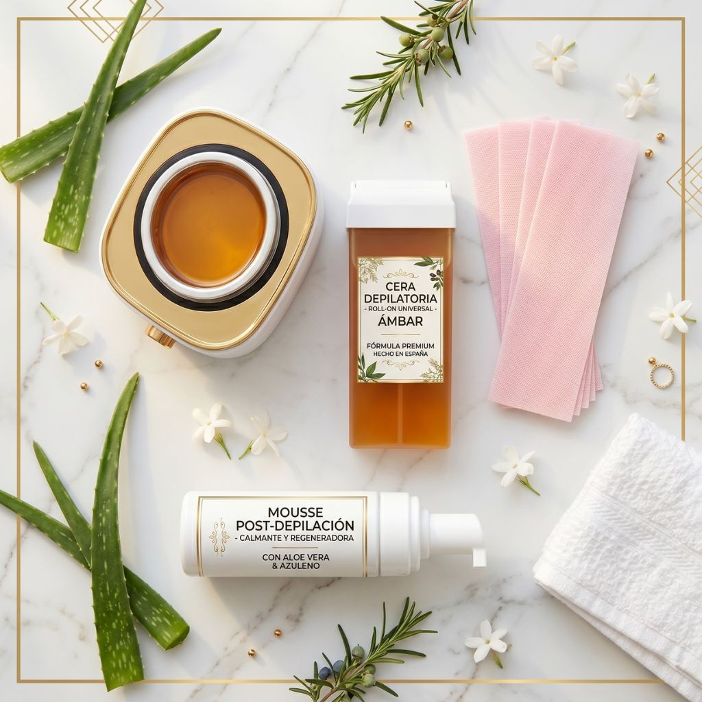 Kit de cera depilatoria roll-on universal ámbar fórmula premium con calentador dorado, bandas depilatorias rosas, mousse post-depilación con aloe vera y azuleno, hojas de aloe vera y toalla blanca sobre mármol