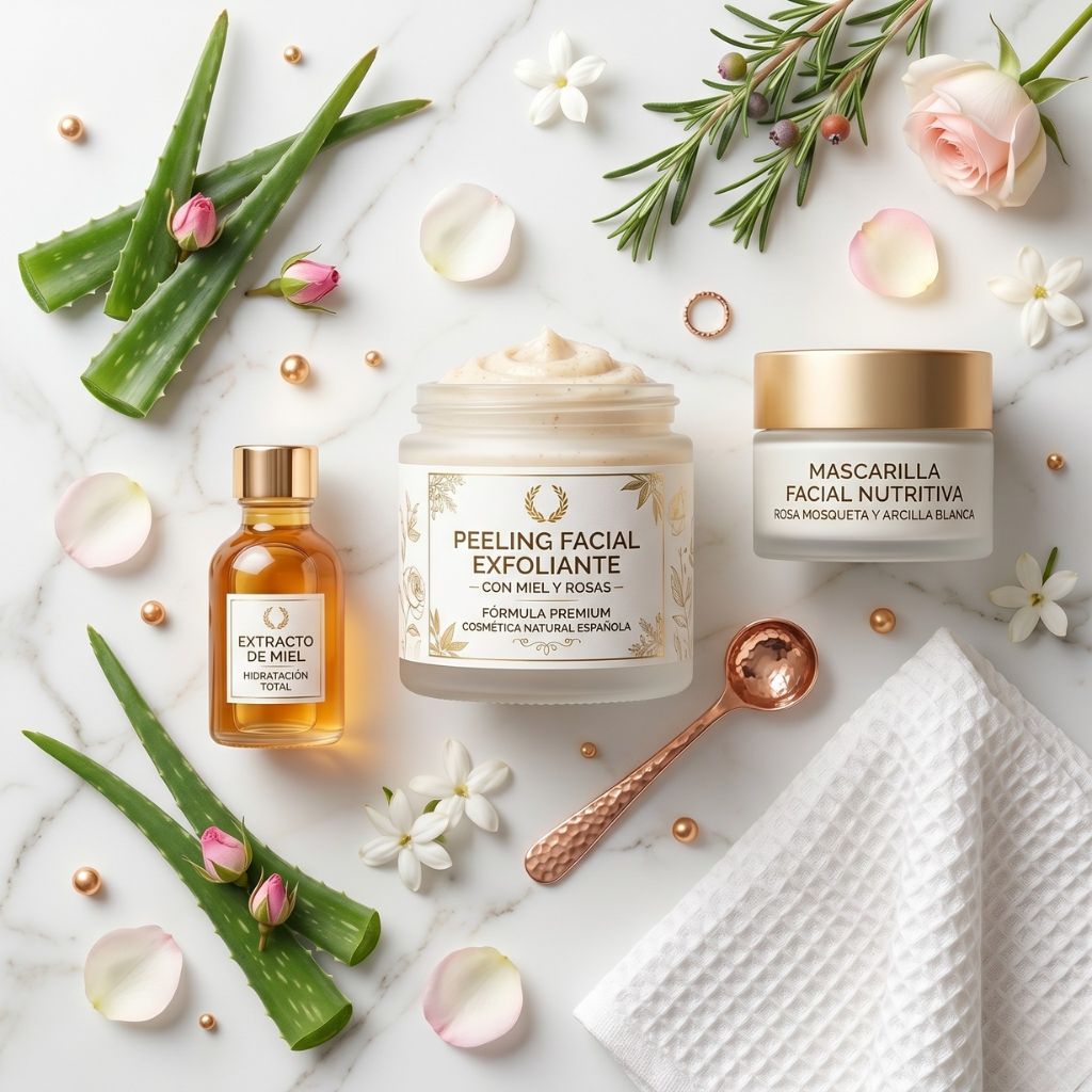 Kit de exfoliación facial profesional con peeling facial exfoliante con miel y rosas, extracto de miel hidratación total y mascarilla facial nutritiva de rosa mosqueta y arcilla blanca sobre mármol blanco