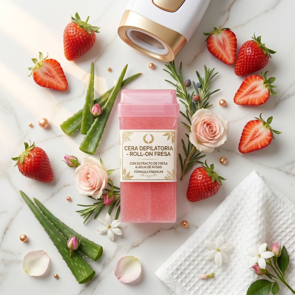 Cartucho roll-on de cera depilatoria de fresa con extracto de fresa y agua de rosas fórmula premium, rodeado de fresas rojas frescas, rosas rosas, aloe vera, romero y banda depilatoria blanca sobre mármol