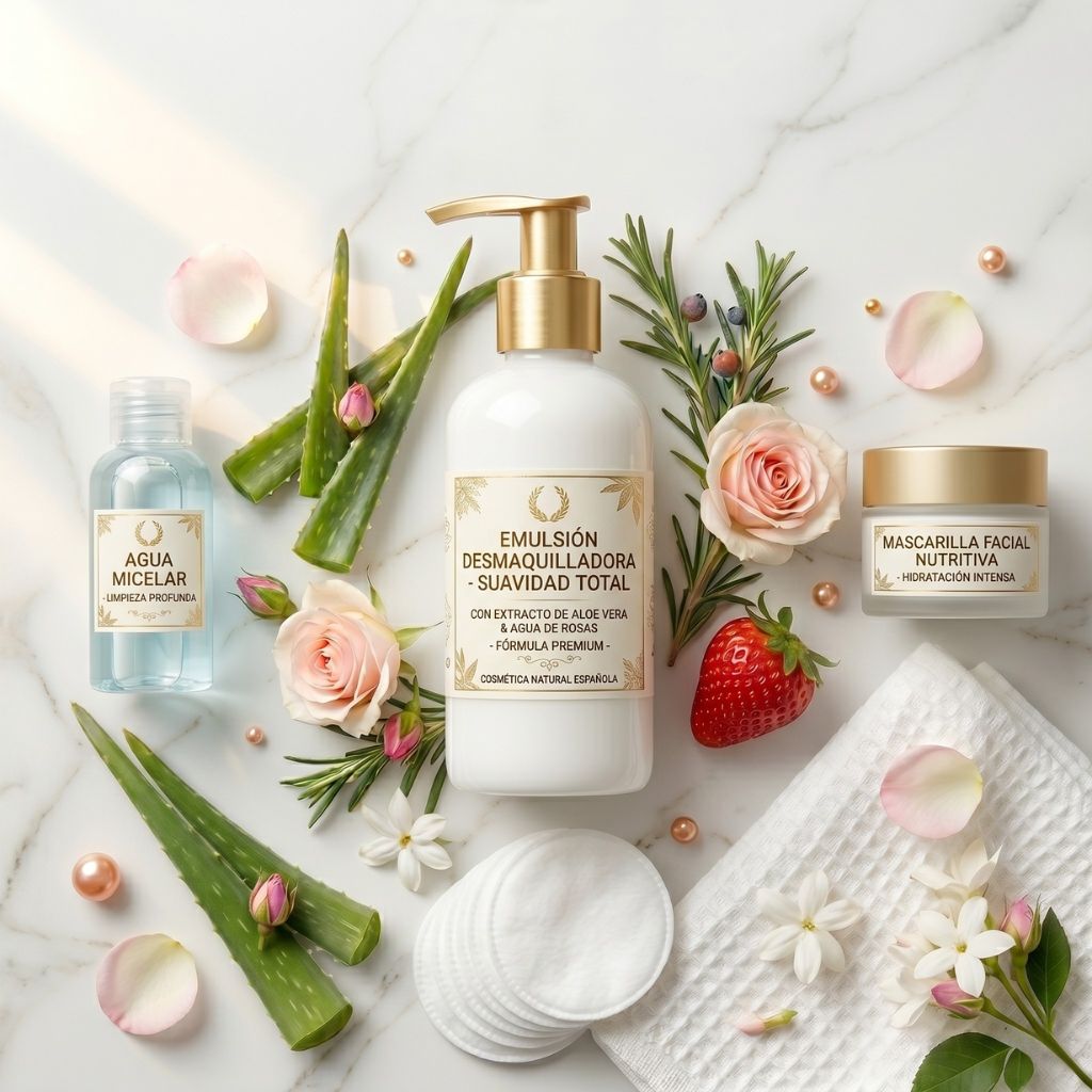 Kit completo de limpieza facial con emulsión desmaquilladora suavidad total con aloe vera y agua de rosas, agua micelar limpieza profunda y mascarilla facial nutritiva hidratación intensa sobre mármol blanco