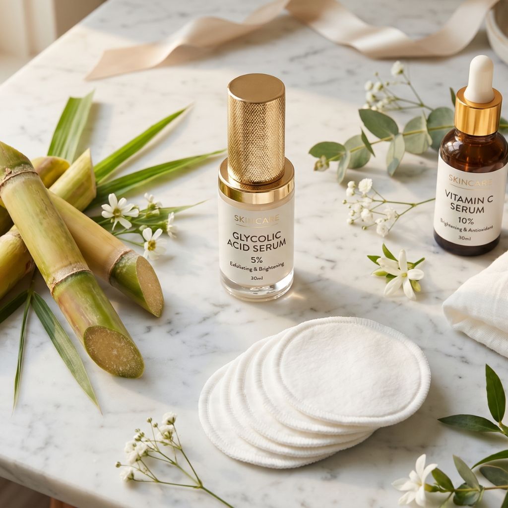 Kit skincare de sérum de ácido glicólico 5% exfoliante y sérum vitamina C 10% antioxidante junto a cañas de azúcar frescas, discos de algodón, toalla blanca y flores blancas sobre mármol blanco