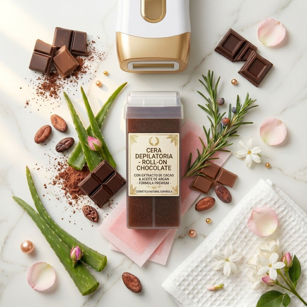 Cartucho roll-on de cera depilatoria de chocolate con extracto de cacao y aceite de argán fórmula premium, rodeado de trozos de chocolate negro, granos de cacao, aloe vera, romero, bandas depilatorias rosas y calentador dorado sobre mármol blanco