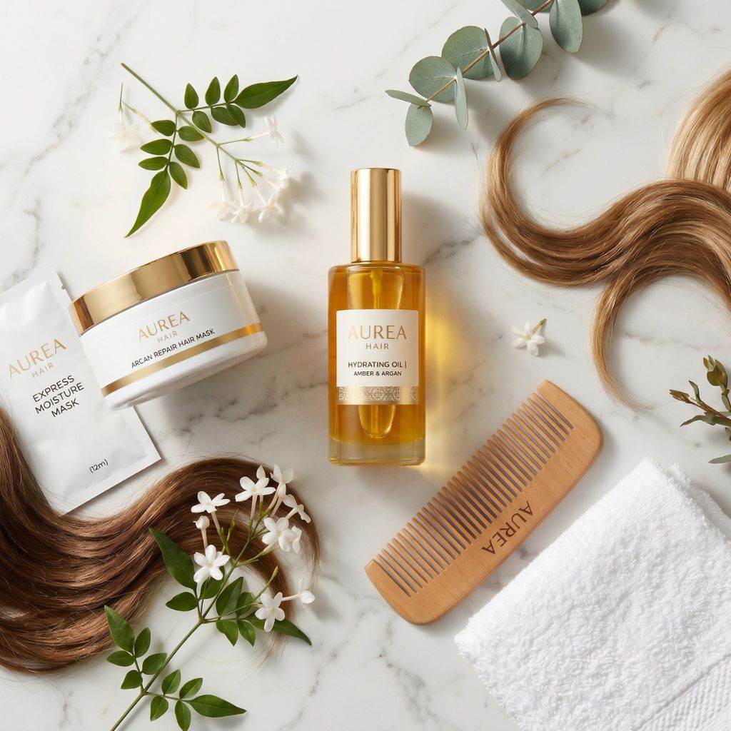 Kit capilar hidratante con aceite Hydrating Oil de ámbar y argán, mascarilla Arcan Repair Hair Mask, mascarilla express, peine de madera, mechones de cabello brillante y flores blancas sobre mármol blanco