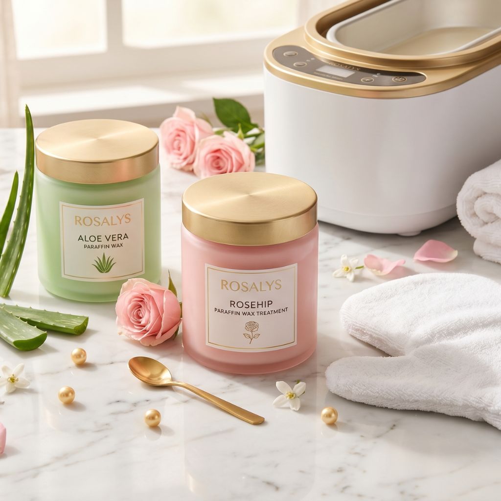 Kit completo de parafina profesional con bote de parafina aloe vera verde, bote de parafina rosehip rosa mosqueta rosa, fundidor de parafina dorado, manopla de rizo blanca, toalla blanca y rosas rosas sobre mármol blanco