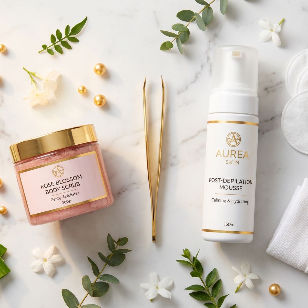 Kit anti pelos enquistados con exfoliante corporal Rose Blossom Body Scrub, mousse post-depilación calmante e hidratante Aurea Skin, pinzas doradas esterilizadas, discos de algodón, alcohol antiséptico y aloe vera sobre mármol blanco