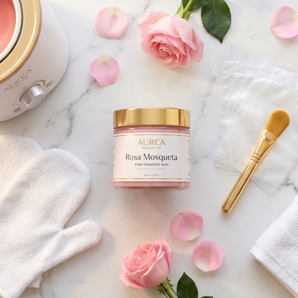 Kit completo de baño de parafina con tarro de parafina Rosa Mosqueta Pink Paraffin Wax Aurea, fundidor de parafina dorado con parafina rosa líquida, guante de rizo blanco, bolsas de plástico transparentes, brocha dorada y toalla blanca sobre mármol con rosas rosas