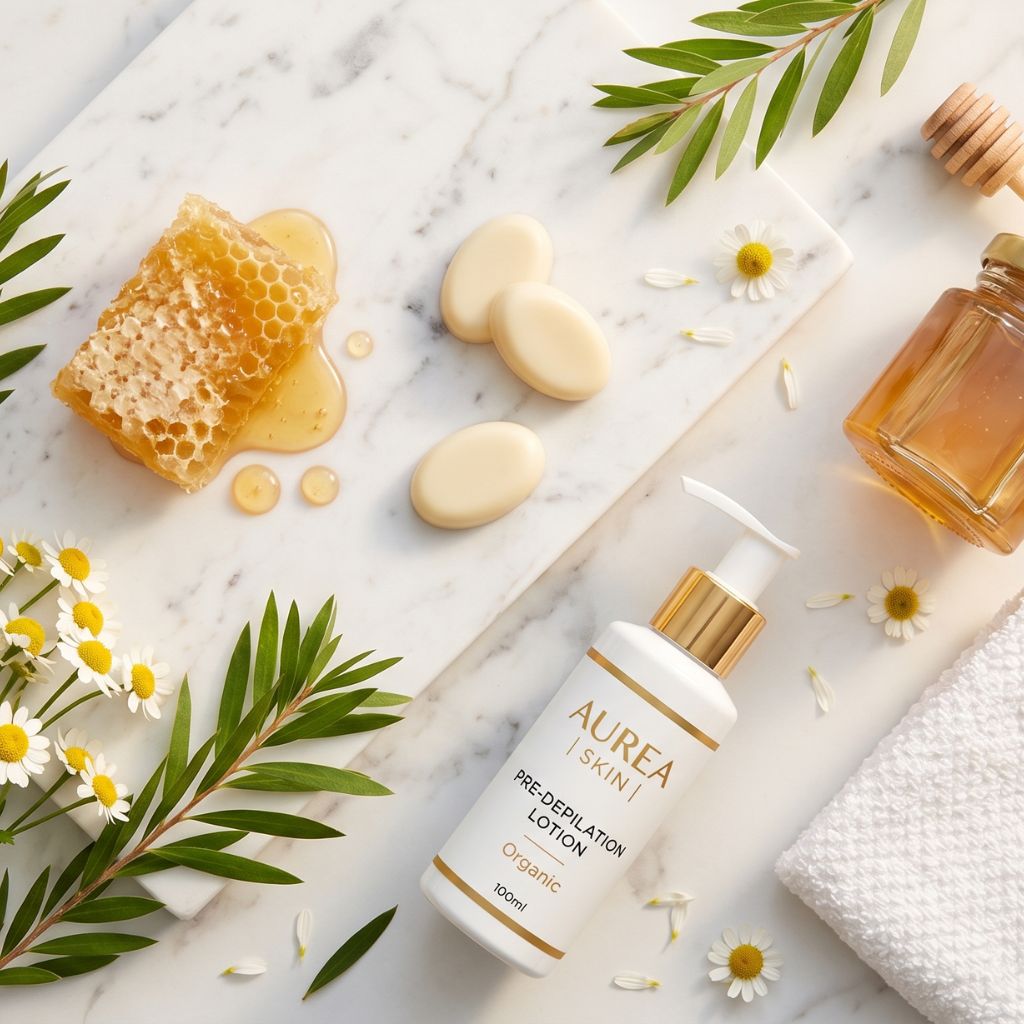 Kit de depilación orgánica natural con pastillas de cera depilatoria blanca, panal de miel, tarro de miel dorado, loción pre-depilación Aurea Skin Organic, espátula de madera, flores de manzanilla y ramas de árbol de té sobre mármol blanco
