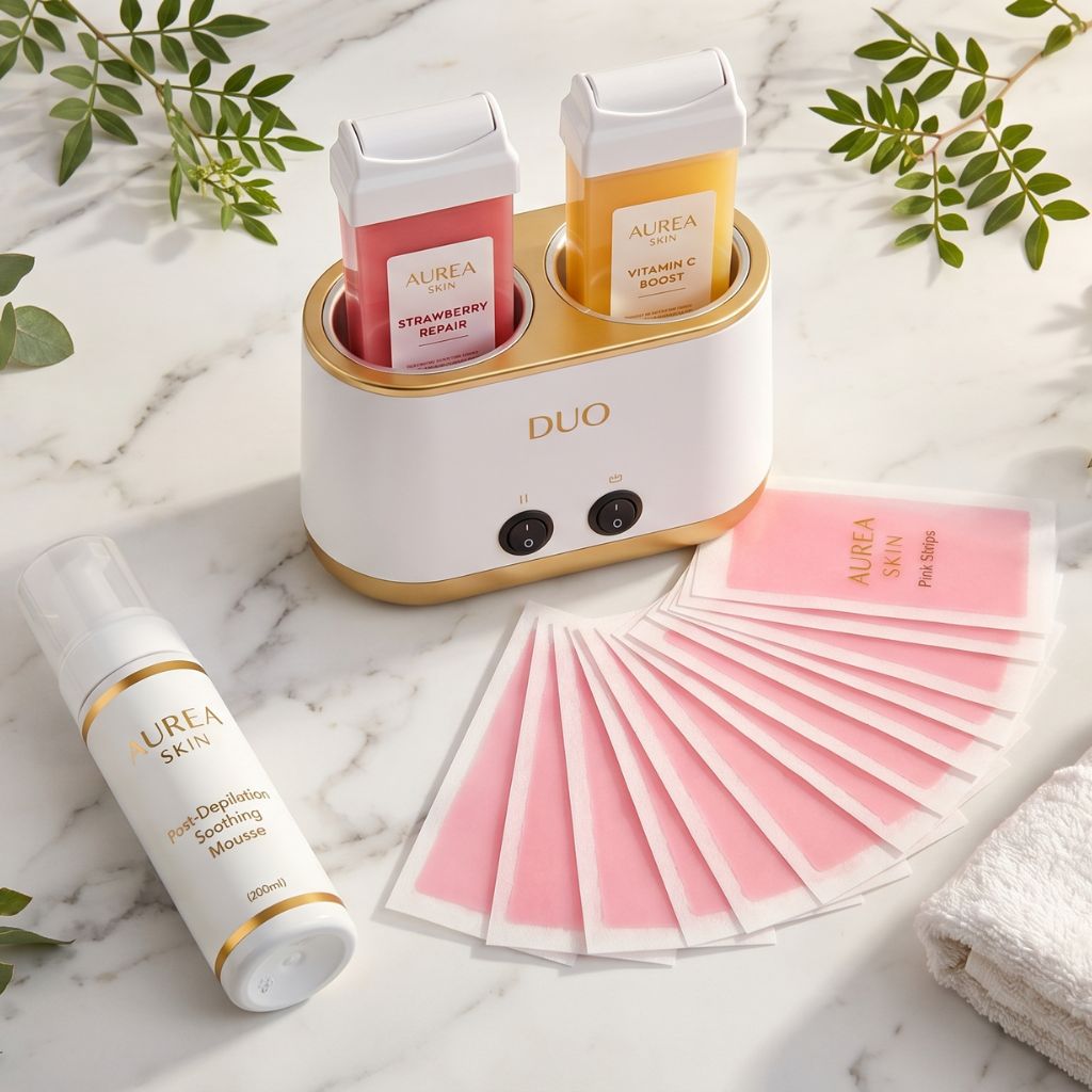 Sistema depilatorio DUO con calentador doble roll-on dorado y blanco con dos cartuchos Strawberry Repair rosa y Vitamin C Boost amarillo, bandas depilatorias rosas Aurea Skin, mousse post-depilación y toalla blanca sobre mármol