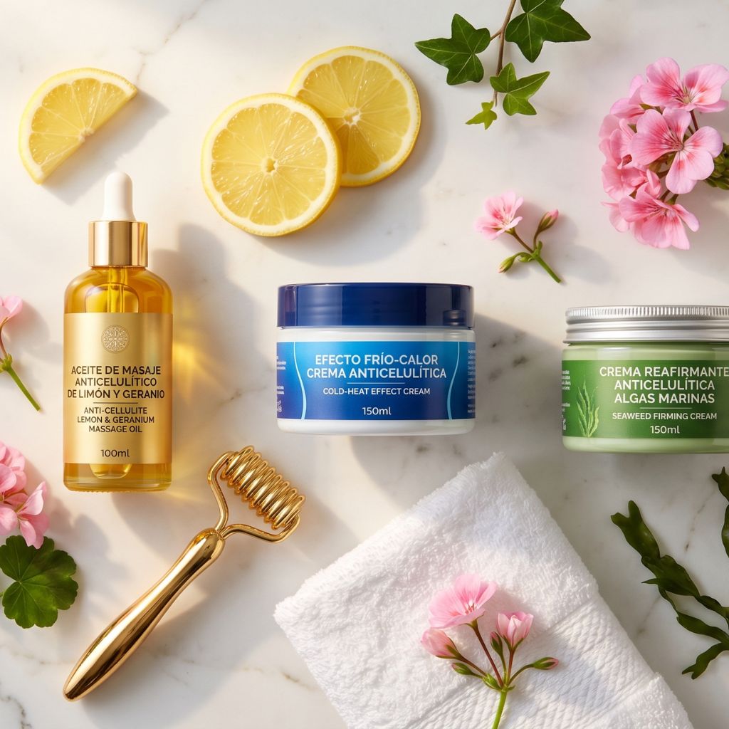 Kit anticelulítico completo con aceite de masaje anticelulítico de limón y geranio, crema anticelulítica efecto frío-calor, crema reafirmante anticelulítica de algas marinas, rodillo dorado de masaje, toalla blanca, rodajas de limón y flores de geranio rosa sobre mármol blanco