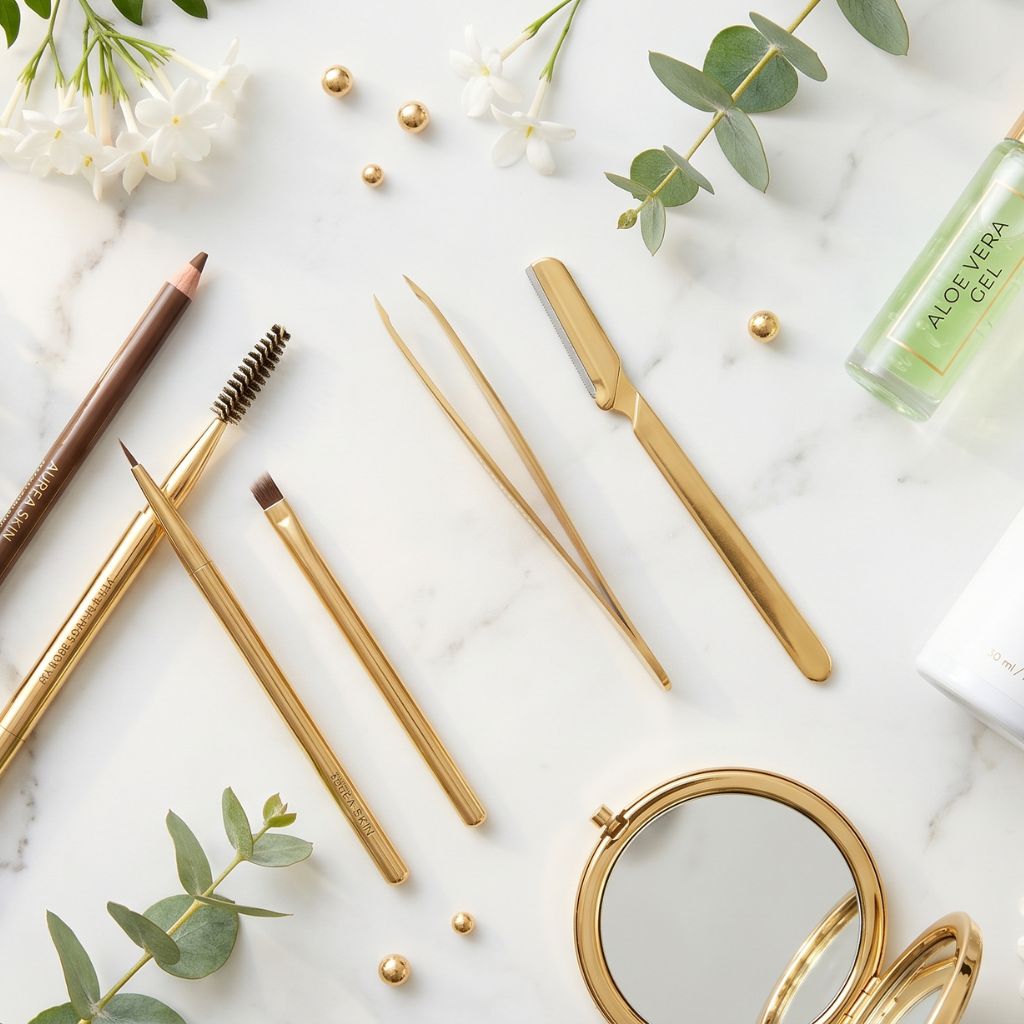 Kit completo para depilar cejas con pinzas doradas inclinadas, cuchilla de cejas dorada, lápiz de cejas con cepillo Aurea Skin, gel de aloe vera, mousse post-depilación Aurea Skin y espejo compacto dorado sobre mármol blanco