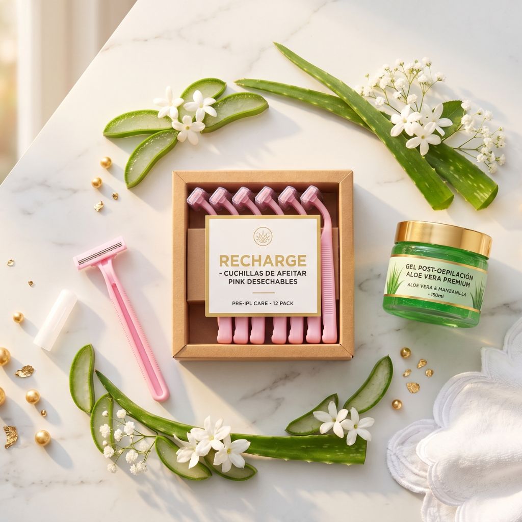 Kit de cuidado entre sesiones de luz pulsada IPL con caja de cuchillas de afeitar pink desechables Pre-IPL Care 12 Pack, gel post-depilación aloe vera premium con manzanilla 150ml, cuchilla rosa individual y hojas de aloe vera sobre mármol blanco