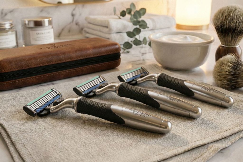 Cuatro cuchillas de afeitar desechables profesionales sobre una toalla en un set de afeitado elegante.